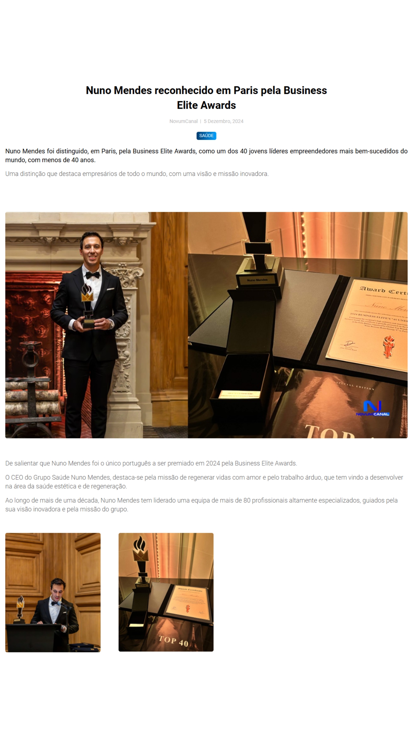 Nuno Mendes reconhecido em Paris pela Business Elite Awards
