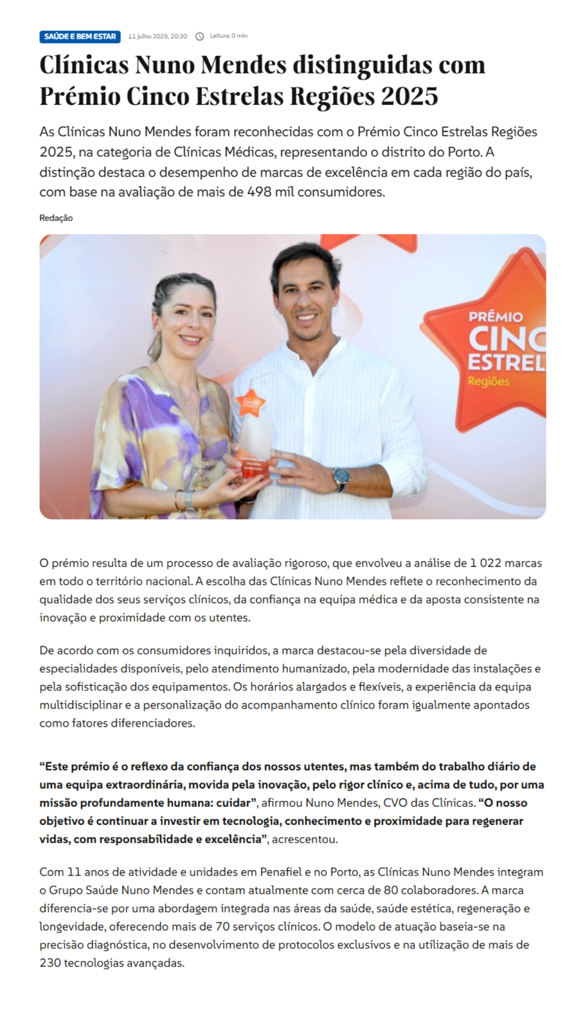 Clínicas Nuno Mendes distinguidas com Prémio Cinco Estrelas Regiões 2025